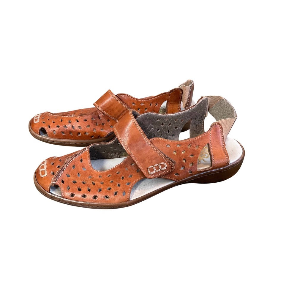 Rieker Antistress Sandals Women 38 Brown Leather Laser Cut Boho Comfort‎ Flats